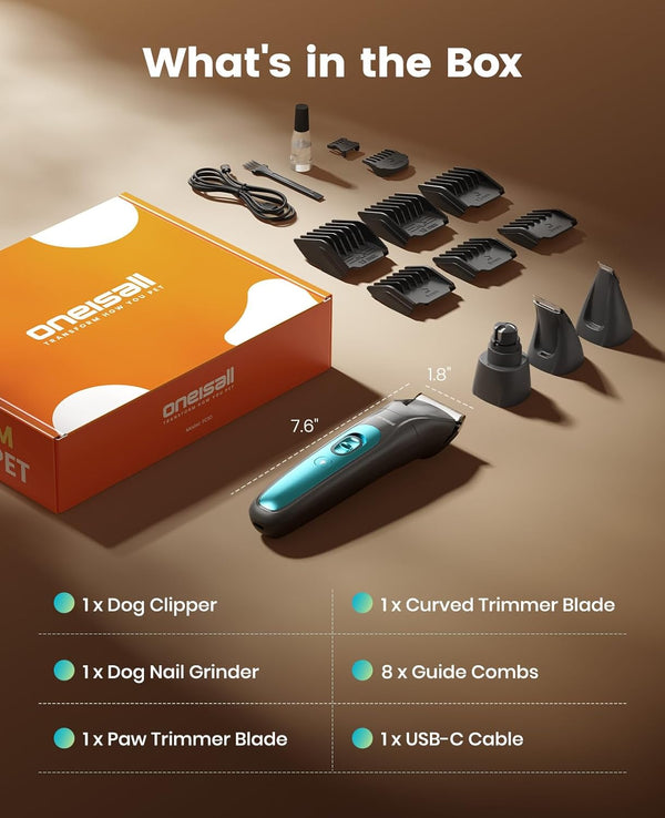 Oneisall Professional 4-In-1 Dog Grooming Kit with LED Light | Quiet Clippers & Nail Grinder, Cordless, 3.7 Hrs Runtime, LED Display, Safe for Paws, Face, Ears & Body9