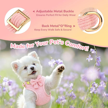 Small Dog Collar Harness and Leash Set, Dog Harness No Pull with Bowtie, Breathable Cotton Adjustable Pet Puppy Harness, Easy Walk Dog Harness, S(14–18.9")3