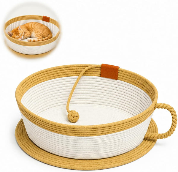 Trynellis Handwoven Cotton Rope Cat Basket Bed with Removable Scratching Pad, 2-In-1 Cat Scratcher Lounge (Large,Woven Rattan Cat Bed + Cushion)1