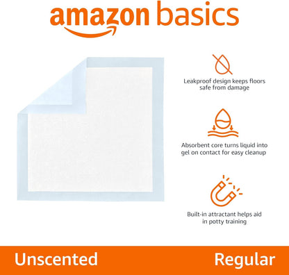 Amazon Basics Leak-Proof Dog and Puppy Potty Training Pee Pads with Quick-Dry 5-Layer Super Absorbent Design, Regular Size 22 X 22 Inch, Blue & White, 100 Count2