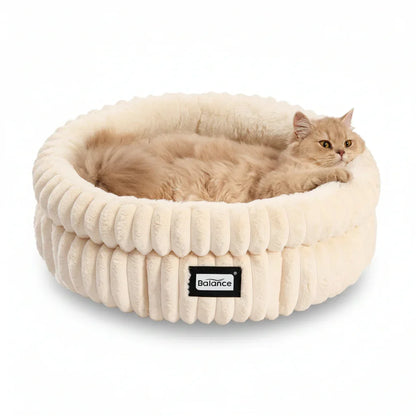 Fluffy cream cat bed with ribbed design, cozy pet nest for cats, soft plush sleeping spot8