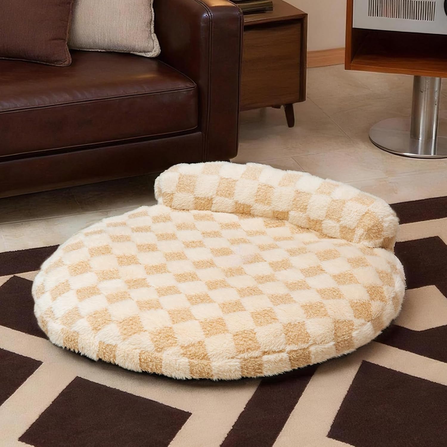 orthopedic-dog-bed-for-small-dogs-and-cats-beige-oval-30x25x7-calming-pillow-pet-couch-sofa-removable-washable-cover-oval-3d-checkered-plush-indoor