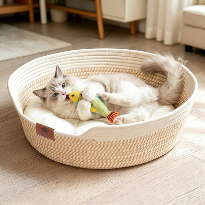XPIY Stimulicat Handwoven Cat Basket with Fish Toy, Instinct Kitten Bed | Made of Natural Cotton Rope with a Washable Cushion. Breathable, Scratch-Resistant Pet Nest for Year-Round Comfort1