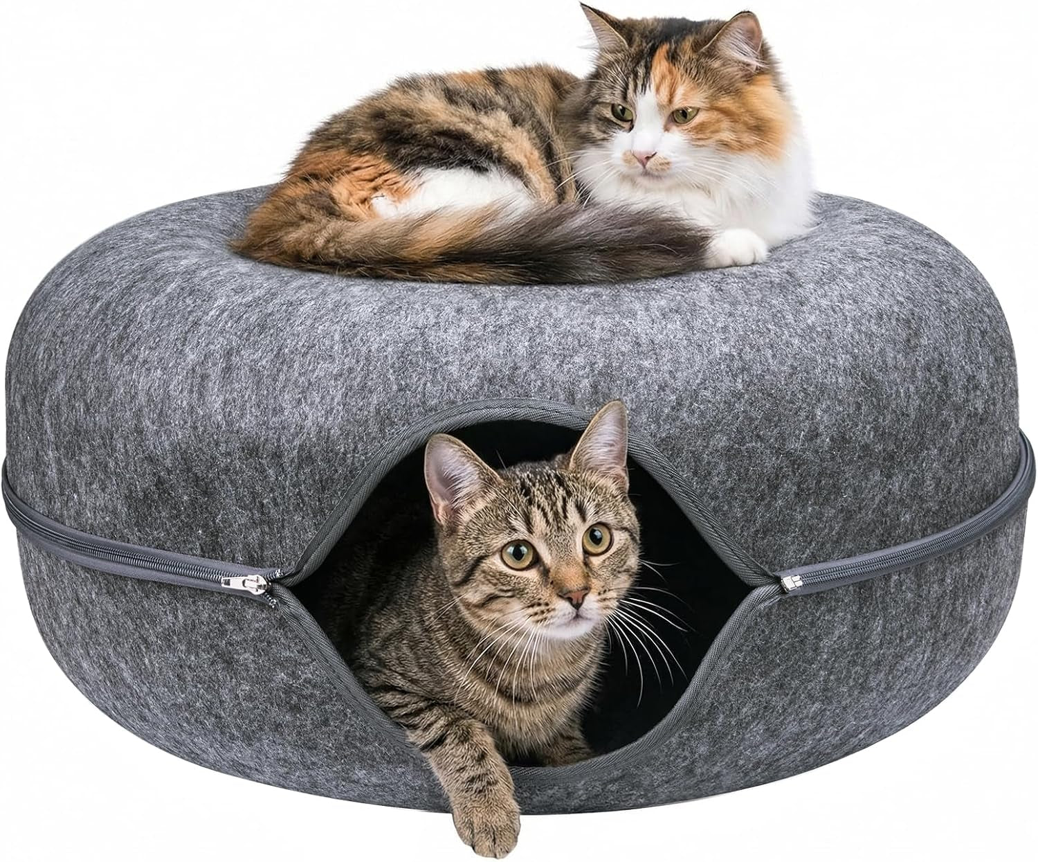 cat-tunnel-bed-for-heavy-big-cats-up-to-45-lbs-24-donut-cat-bed-for-multi-cat-home-premium-detachable-zipper-felt-anti-scratch-cat-cave-bed-roomy-non-collapsing-cat-hideaway-peekaboo-toy