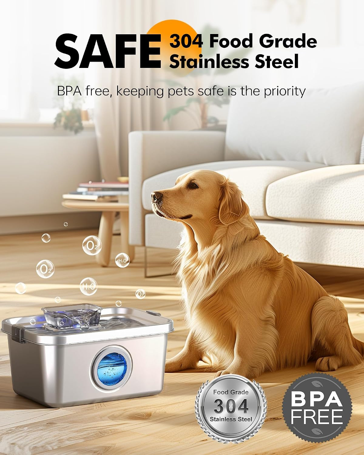 petimi-dog-water-fountain-2-gallon-304-stainless-steel-large-pet-water-fountain-for-dogs-cats-ultra-quiet-indoor-pet-fountain-safety-lock-3-replacement-filters-included-smart-pump-protection