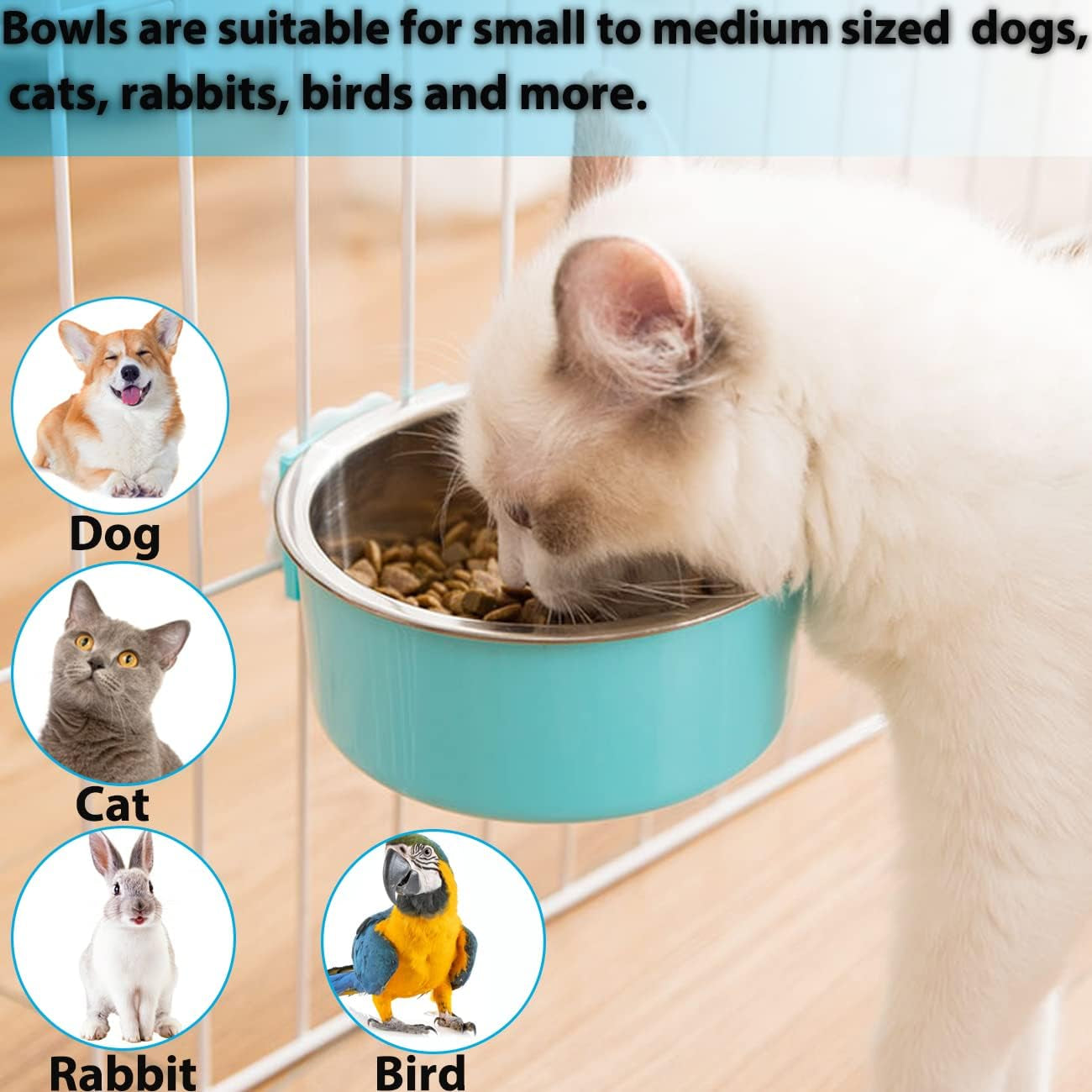 mechpia-2-pieces-crate-dog-bowl-removable-stainless-steel-pet-kennel-hanging-food-water-feeder-bowl-cage-coop-cup-for-puppy-medium-dog-cat-rabbit-ferret-bird-blue-green