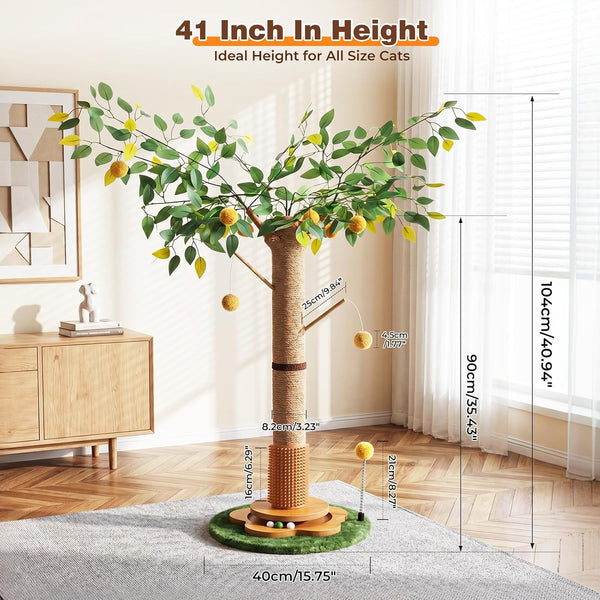 41" Tall Cat Scratching Post for Large Cats - XL Sturdy Cat Scratching Post with Solid Wood Base, Sisal Rope Scratching Posts for Indoor Cats Adults with Self-Grooming Brush, 4 Detachable Hanging Toys2