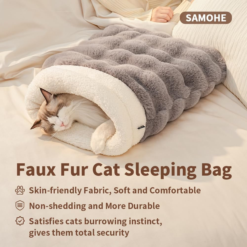 somahe-cat-sleeping-bag-for-indoor-cats-faux-fur-pet-cave-bed-burrow-nest-reversible-plush-snuggle-sack-portable-foldable-mat-machine-washable-anti-static-21-7x17-7grey