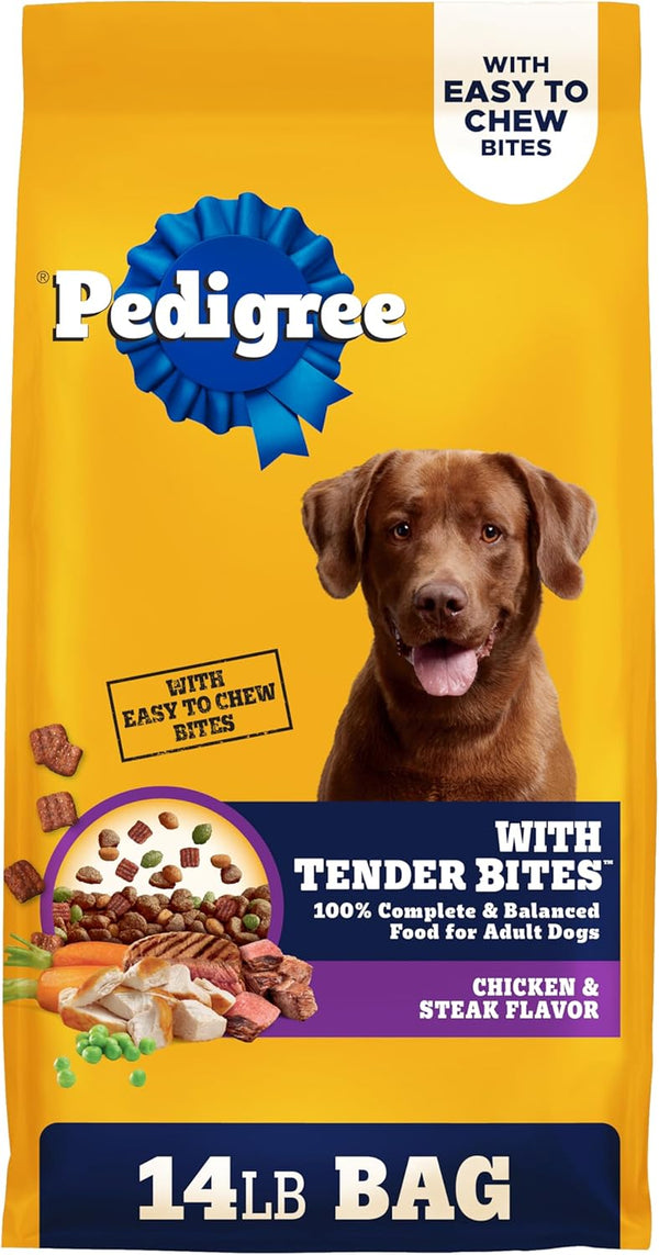 Pedigree Tender Bites Dry Dog Food, Chicken & Steak, 14 Lb | Easy-To-Chew Two-Textured Kibble, Natural Fiber for Healthy Digestion, 36 Vitamins & Minerals, Natural Flavors Only1