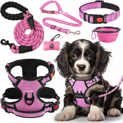 LOBEVE No Pull Dog Harness, Collar & Leash Set | Includes Dog Seat Belt, Collapsible Bowls & Poop Bag Dispenser. Ideal for Training, Walking, Hiking. Fits Small to Large Dogs(Pink-L)11