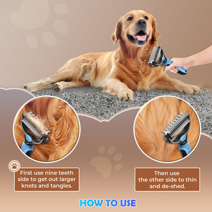 Undercoat Rake for Dogs & Cats, Dematting Comb with Extra Wide Double-Sided Stainless Steel Teeth for Detangling, Deshedding, Brushing, Thinning & Removing Shed Fur, Knots, Mats, and Tangles in Pets4