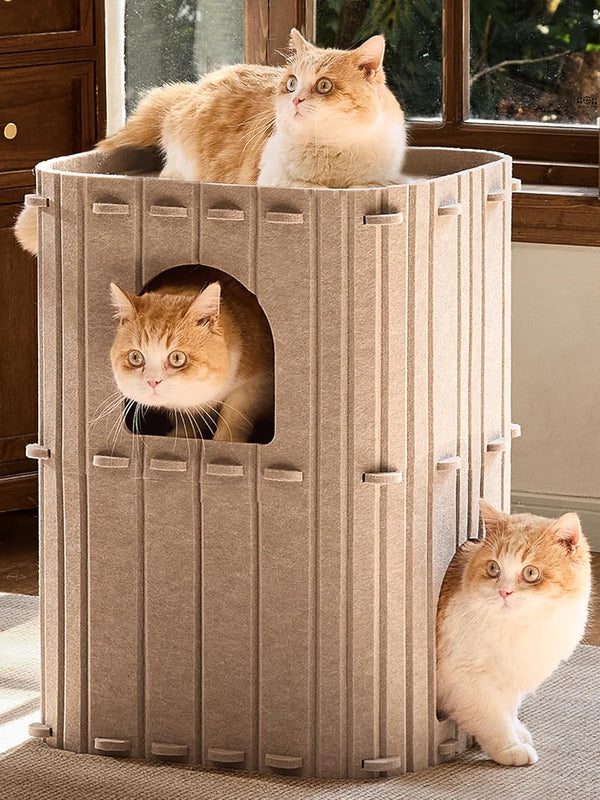 FUKUMARU Cat House for Indoor Cats, Warm Felt Cat Bed, Scratch Resistant | Large Cat Bed Cave, 3-In-1 Cat Condo, Cozy Felt Covered Cats Tunnel, 23.62 Inch Kitten Hideaway for Multicats, Beige1