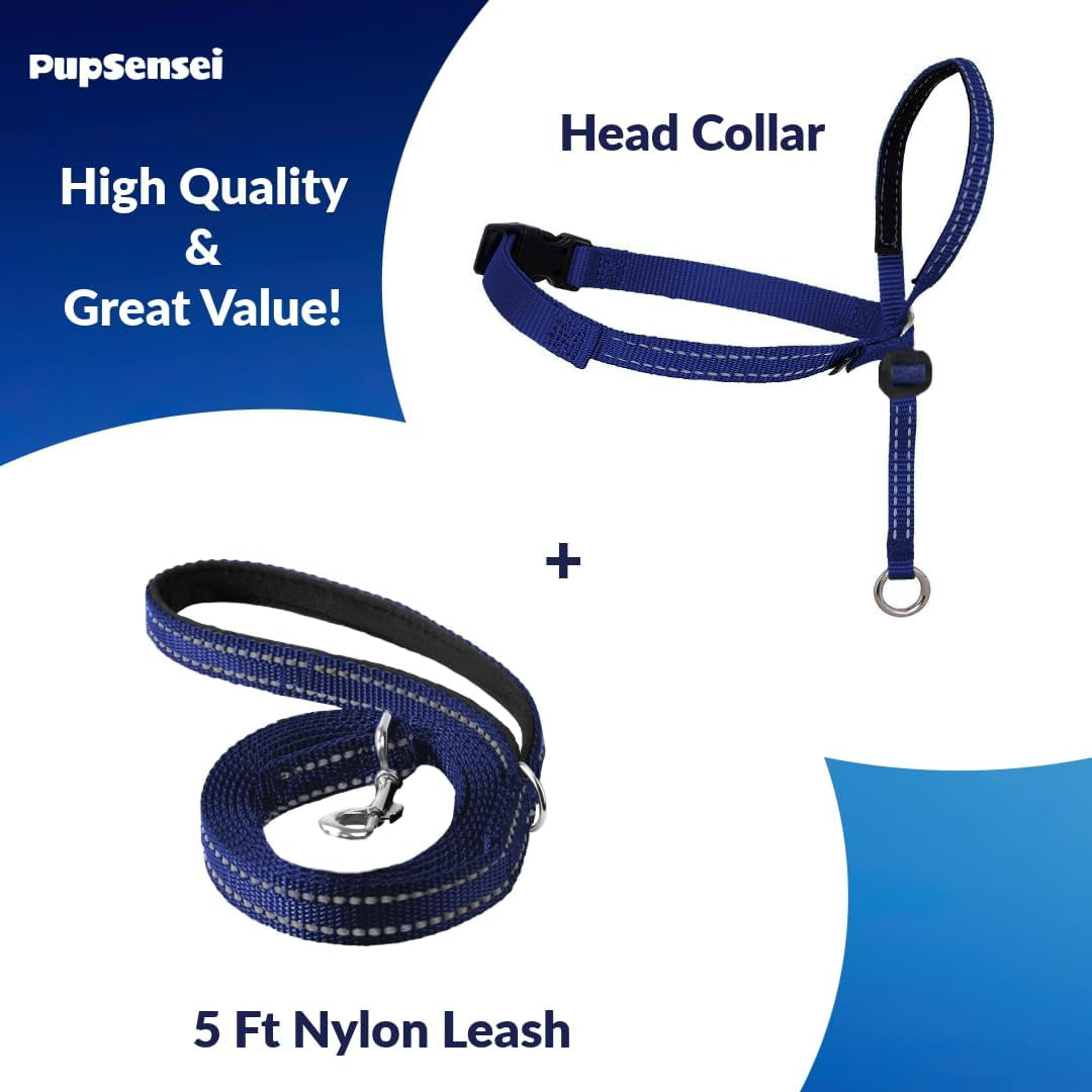 headcollar-for-dogs-extra-soft-padded-reflective-no-pull-dog-collar-gentle-leader-for-dogs-with-durable-nylon-leash-padded-handle-navy-blue-large