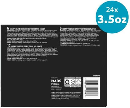 Cesar Filets in Gravy Wet Dog Food, Steak Mix Variety, 3.5 Oz, 24 Count | Filet Mignon, New York Strip & Prime Rib, Real Meat, Slow-Cooked, No Fillers/Added Sugar/Artificial Flavors, Easy Peel Trays10