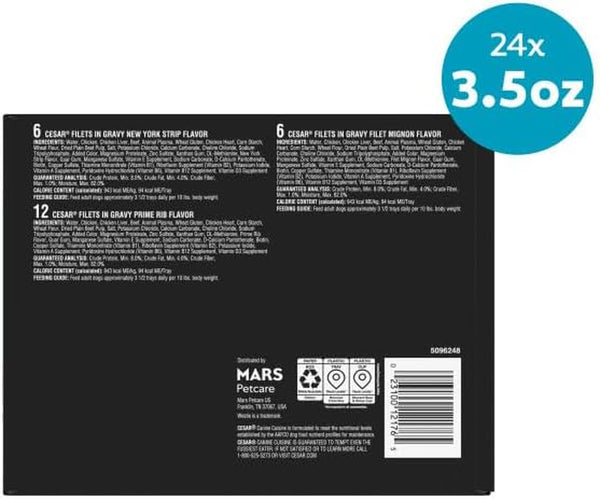 Cesar Filets in Gravy Wet Dog Food, Steak Mix Variety, 3.5 Oz, 24 Count | Filet Mignon, New York Strip & Prime Rib, Real Meat, Slow-Cooked, No Fillers/Added Sugar/Artificial Flavors, Easy Peel Trays10