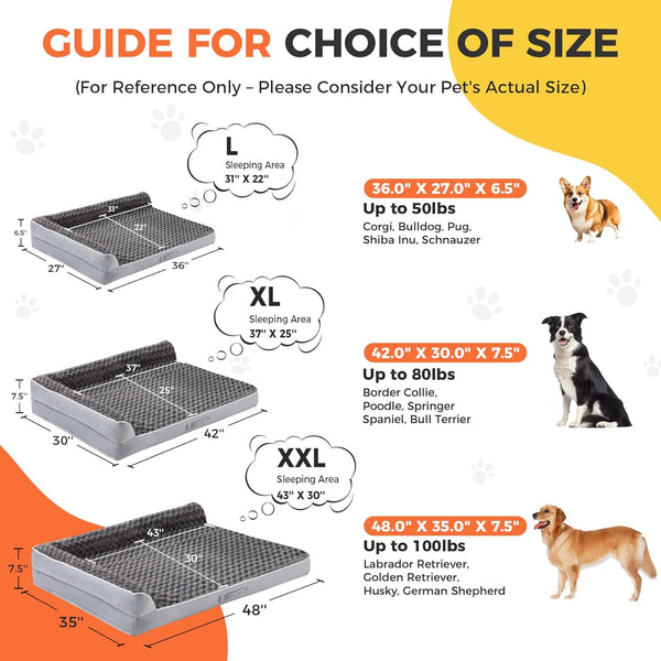 Dog Beds Large Sized Dogs, XL Orthopedic Dog Beds for Large Dogs 42"X30"X7.5", Waterproof Pet Bed with Washable Cover, L-Shaped Pet Couch with Portable Handle, Grey4