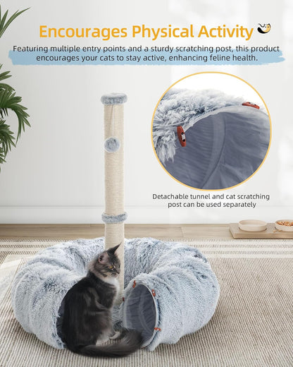 Aechonow 3-In-1 Cat Tunnel Bed, 34'' Cat Scratching Post for Indoor Cats | Fluffy Peekaboo Donut Hideout Toy for Pets, Rabbit, Ferret5