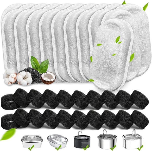 Cat Water Fountain Filters, 20Pack Cat Fountain Replacement Filters for Stainless Steel 108Oz/3.2L& 67Oz/2L Adjustable Water Flow Pet Water Fountain,Dog Water Fountain Filters（10 Filters& 10 Sponges)10