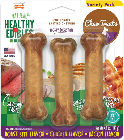 Nylabone Healthy Edibles Dog Treats Variety Pack, Small, 3 Count | Roast Beef, Chicken, & Bacon Flavor, Natural Dog Treats, USA Made, Highly Digestible, Dog Bones for Small Dogs up to 25 Lbs1
