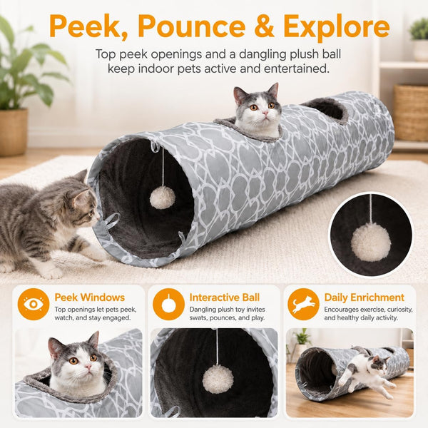 Geometric Straight Cat Tunnel with Plush Inside,Cats Toys Collapsible Tunnel Tube with Balls, for Rabbits, Kittens, Ferrets,Puppy, Diameter 9.8 Inch6