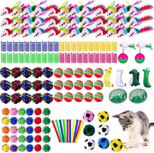 Shappy 150 Pcs Cat Toys for Indoor Cats Bulk, Kitten Toys Pack, Variety Interactive Gift Including Mice Rainbow Balls Spring Crinkle Balls Gift for Kitty Kitten Cat(Classic)8