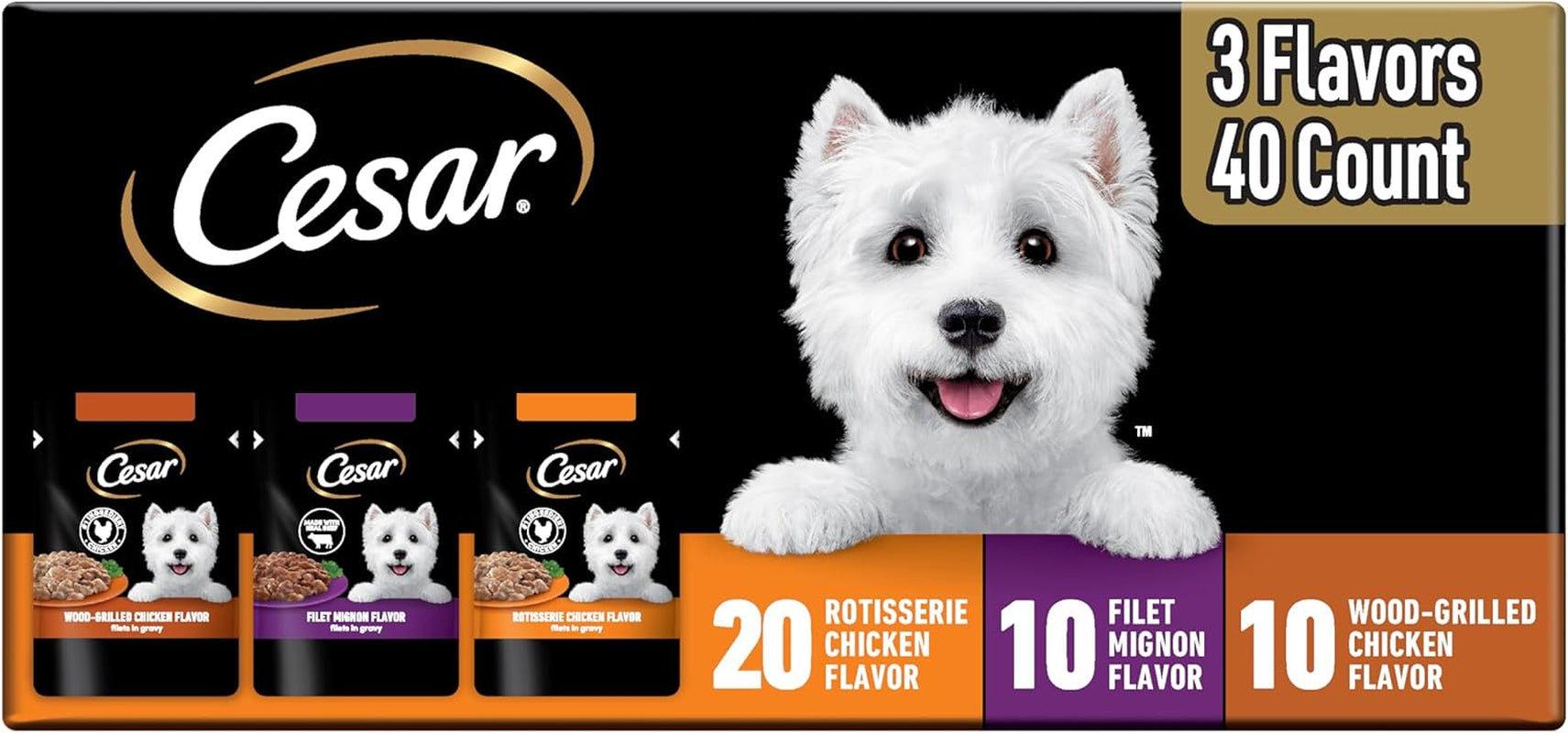cesar-mini-pouch-wet-dog-food-filet-variety-pack-1-76-oz-40-count-3-flavors-rotisserie-chicken-filet-mignon-wood-grilled-chicken-real-chicken-or-beef-easy-peel-and-serve-protein-packed