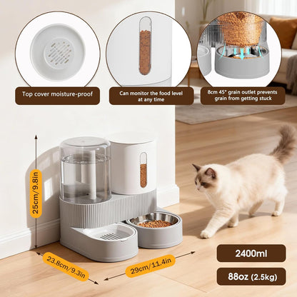 2 in 1 Automatic Gravity Cat Dog Feeder and Water Dispenser with 304 Stainless Steel Bowls, 360 Degree Rotatable Auto Food with 2 Specialized Brushes for Small Medium Pet Dog Puppy Kitten (Gray)5