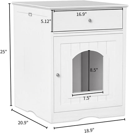Large Wood House for Cats Litter Box Enclosure Furniture Hidde Out Box with Cabinet Drawer Indoor Pet House Side Table Wooden Crate (White)3