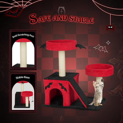 VINGLI 27.6In Gothic Cat Tree with Spacious Cat Condo & 2 Padded Perches, Red & Black Cat Tower with Scratching Ladder, Sisal Posts & Spider Toy for Large Cats5