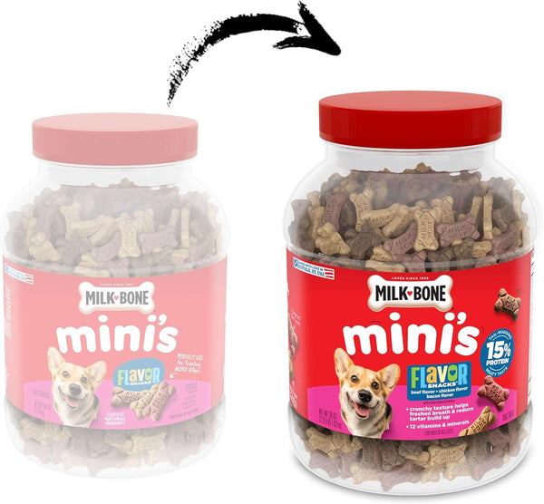 Milk-Bone Flavor Snacks Mini’S Dog Biscuits, Flavored Crunchy Dog Treats, 36 Oz. Canister | 5 Calories per Treat, 15% Protein, 3 Flavors per Canister (Beef, Chicken & Bacon, Naturally & Artificially Flavored)2