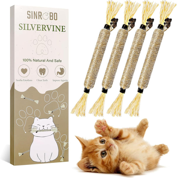 4 Pack Silvervine Sticks for Cats - Cat Chew Toy for Teeth Cleaning, Edible Matatabi Kitty Chew Sticks, Catnip Cat Toys for Indoor Cats (4 Sticks)1