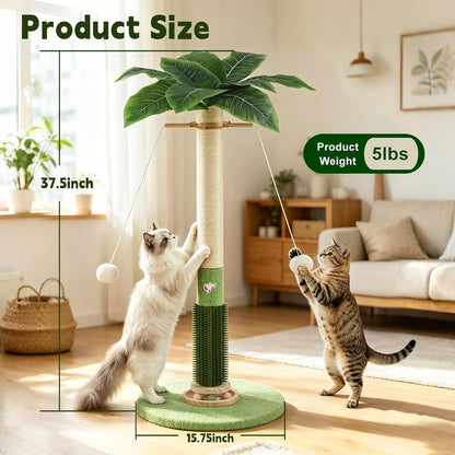 Cat Scratching Post,37.5'' Tall Palm Tree Sisal Scratcher for Indoor Cats | Natural Sisal Stable Vertical Scratcher Tower Mouse Hole Toy Rotating Interactive Ball Self Groomer for Full Body Stretching2