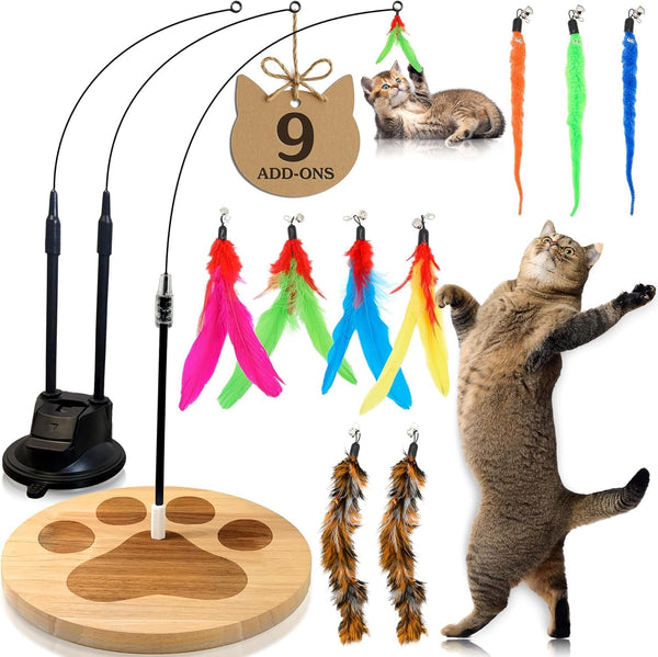 2 Cat Toy + 9 Feather Lures Interactive Cat Toys for Indoor Cats Interactive Kiteen Toys Enrichments for Boared Indoor Adult Cats Kittens Suction Cup Juguetes Para Gatos Teaser Feather Wand1