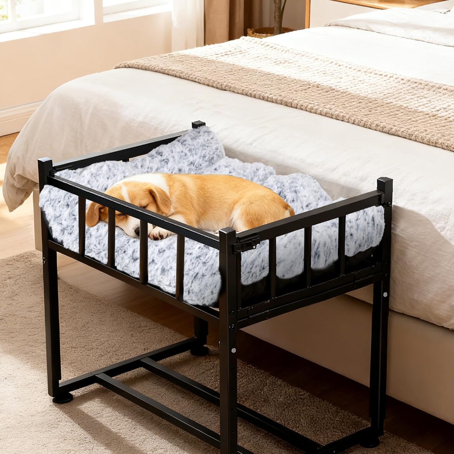 beside-dog-bed-and-mattress-set-metal-three-sided-fence-pet-dogs-bed-frame-adjustable-height-dogs-bed-extension-attachment-for-human-bed-for-small-medium-puppy25-5l-x-17-7w