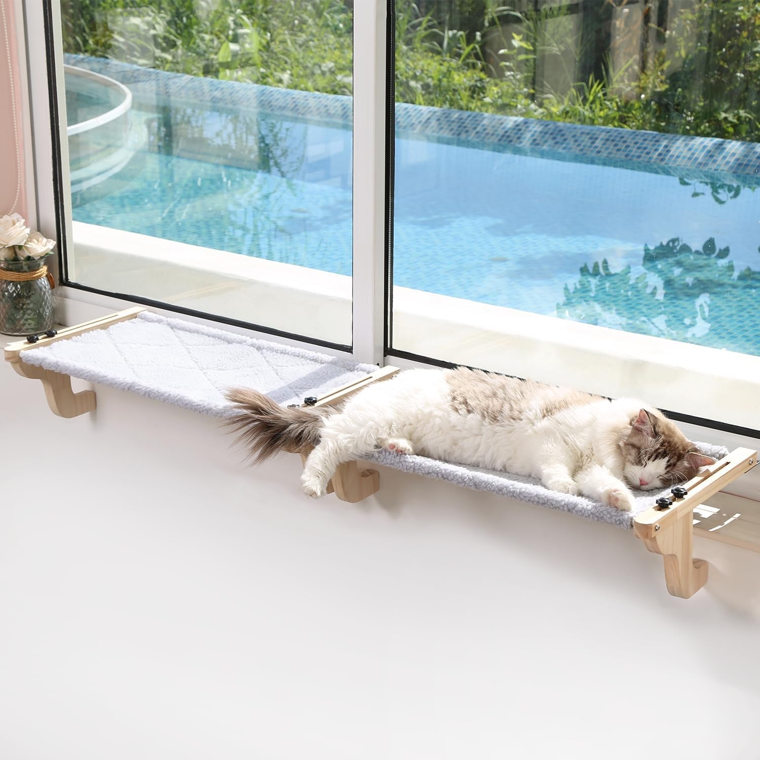 zakkart-2pc-easy-seat-cat-perch-for-window-sill-hammock-design-w-pine-wood-robust-metal-frame-cat-window-seat-for-large-cats-and-kittens-natural-color-wood-w-gray-bed-large-26w-x-14d