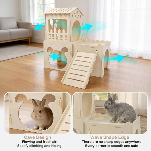 Extra Large Rabbit Castle, Wooden Bunny House &,Detachable Rabbit Hideaway, Indoor Hamster Castle with Ramp, Small Animal Houses & Habitats for Guinea Pig Chinchilla Ferret(3 House)4