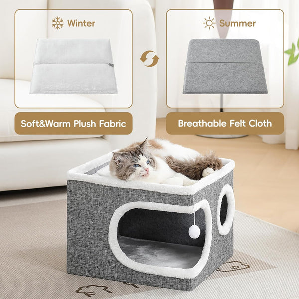 Cat Houses for Indoor Cats, Large Covered Cat Cave Beds & Furniture with Scratch Pad and Fluffy Ball,Foldable Cat Hideaway for Kitten,16X16X13 Inches, Grey3