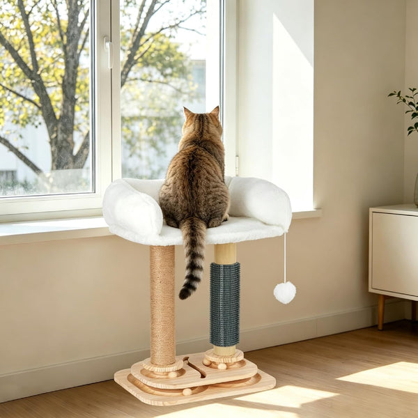 Cat Scratching Post with Bed, 4-In-1 Small Cat Tree Tower | Sisal Scratcher, Elevated Washable Bed, Track Ball Toy, Built-In Self-Groomer8