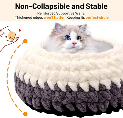 Handwoven Soft Cat Cave Bed, Indoor Cat Beds with Washable round Nest | Kitten House & Cat Furniture, White & Gray3