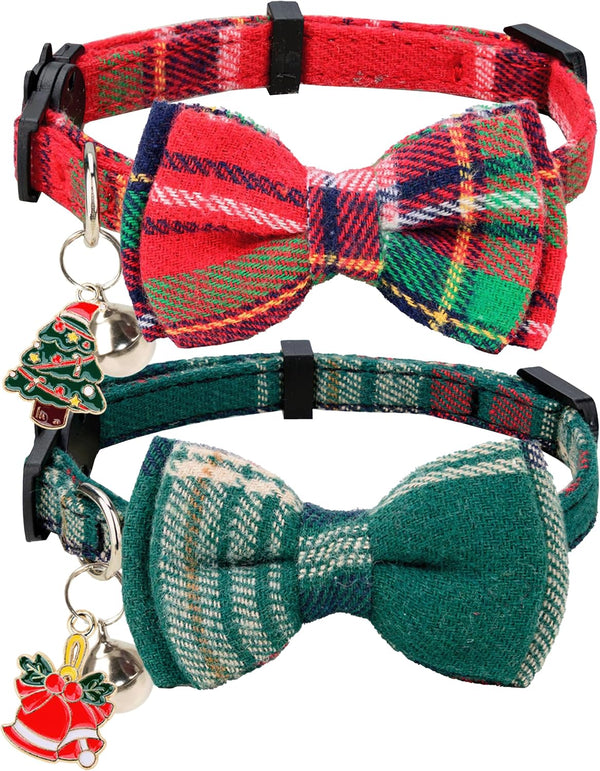 Cat Collar Breakaway Bowtie Safety with Bell Adjustbale Kitten Puppy Solid Plaid Color Set D-[2Pcs] Pink-28
