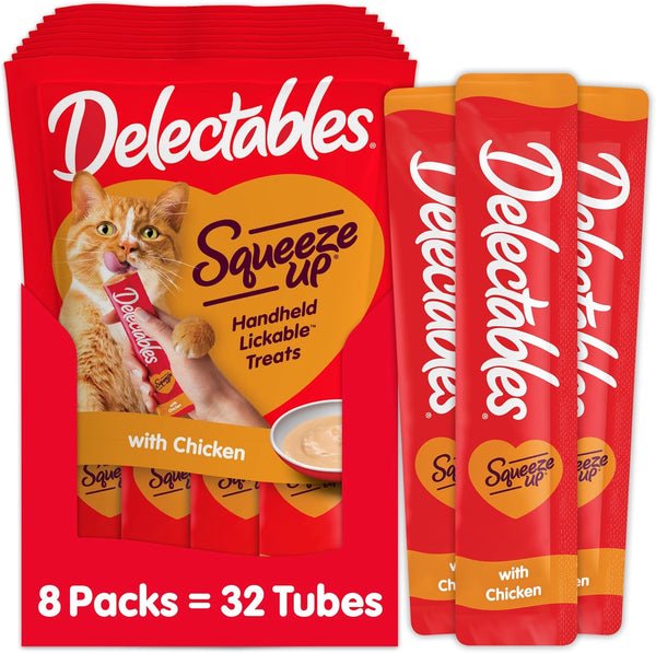 Delectables Squeeze up Creamy Squeezable Puree, Lickable Wet Cat Treats, Grain Free, No Added Fillers, No By-Products, No Added Preservatives, 0.5 Ounces Tube Chicken Flavor, 32 Tubes Total1
