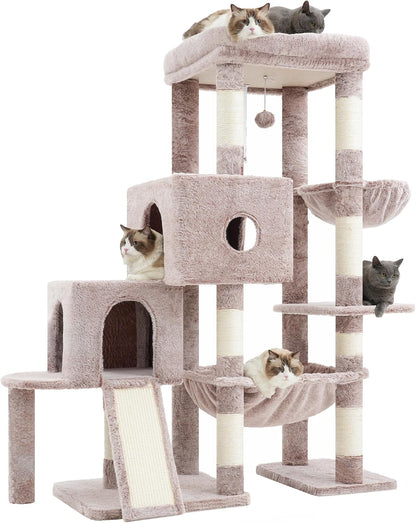Hey-Brother Cat Tree Tower with 3 Condos, Step Climbing Pathway MPJ081G | 74.8 Inches Scratching Post with 3 House, Hammock, Large Basket, Cozy Bed, Sisal Board, Toys for Big Indoor Cats, Smoky Gray11