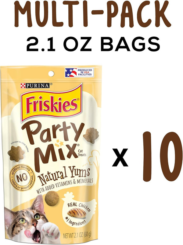 Purina Friskies Natural Cat Treats, Party Mix Natural Yums with Real Chicken & Vitamins, Minerals & Nutrients - (Pack of 10) 2.1 Oz. Pouches2
