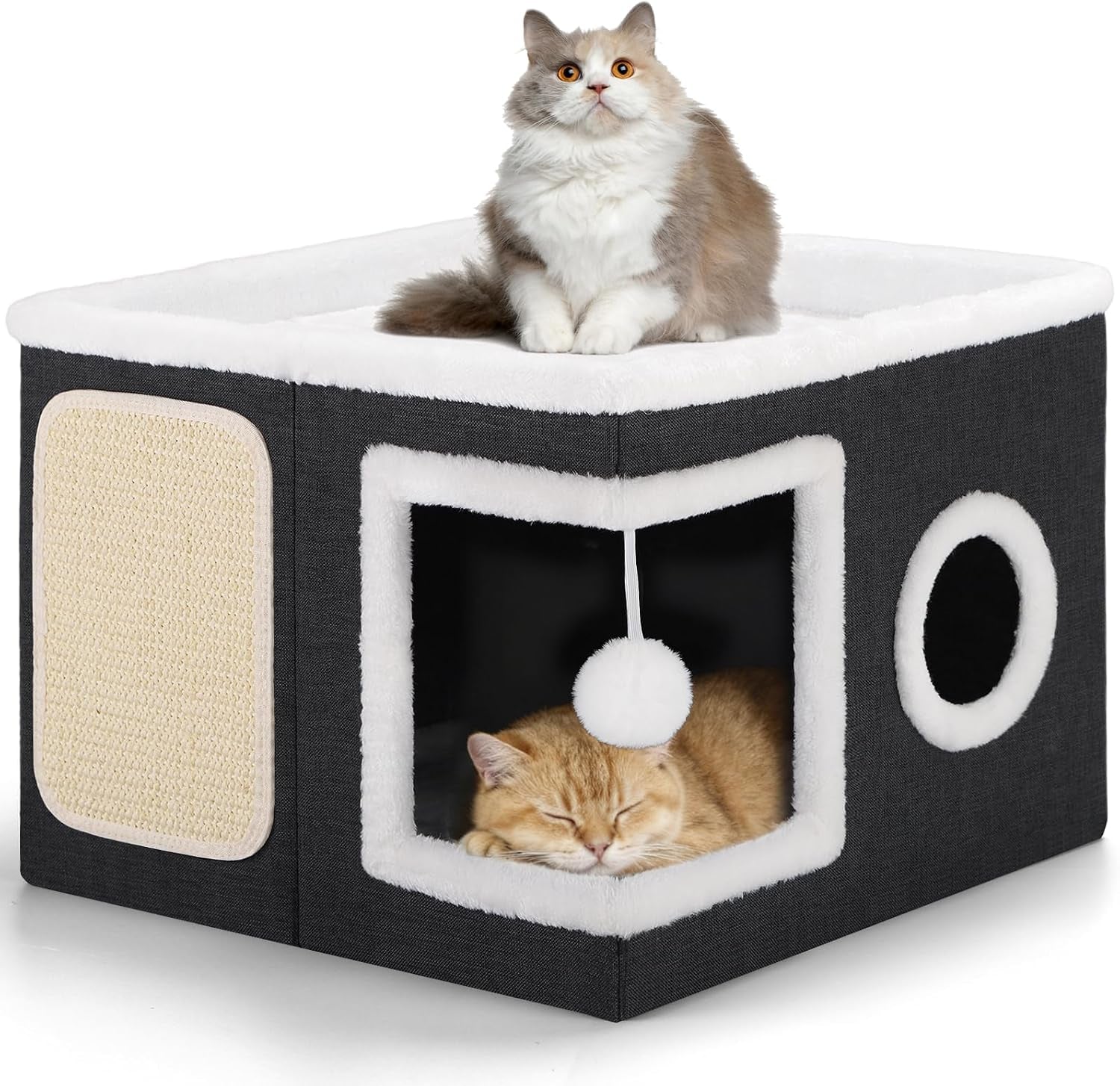 shikha-cat-house-bed-for-indoor-cats-with-fluffy-ball-and-scratch-pad-grey-foldable-large-cat-cave-hideaway-with-cozy-condo-hide-and-seek-window-holds-up-to-30lbs-all-season-reversible-cushion