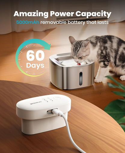 Oneisall Wireless Cat Water Fountain, 3.5L/118Oz Battery Operated Pet Drinking Fountain Stainless Steel, Running Water Dispenser Fountains for Cats, Cordless&Rechargeable with Motion Sensor(Hale 3.5L)3
