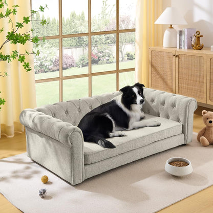 Elevated XL Large Dog Sofa with Backrest and Armrests, 55" Button Tufted Dog Couch Bed with Soft Cushion for Large Dogs, Stylish Lounging Bed Pet Couch Chair, 120Lbs Weight Capacity, Beige8