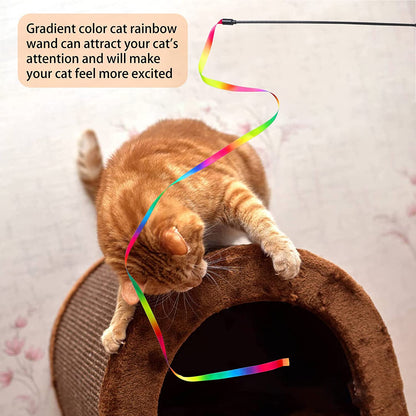 Cat Wand Toys Interactive Kitten Toys for Indoor Cats-2Pcs | Colorful Teaser Wand String for Exercise Kitten Stick Kitty Rope Toy Rainbow Ribbon Cat Charmer3
