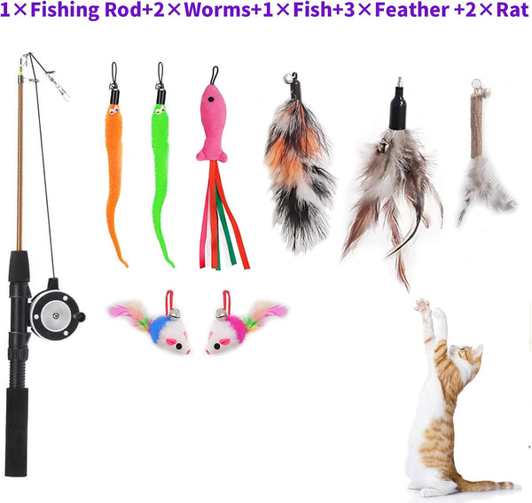 Retractable Cat Teaser Wand Toy, Cat Toys for Indoor Outdoor Cats Interactive Fishing Rod with 8 Pcs Refills Feather Toy, Plush Mouse Caterpillar & Fish2
