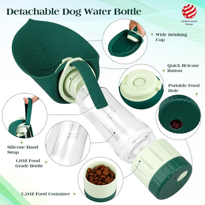 TIOVERY Upgraded Dog Water Bottle, Portable Dog Cat Puppy Pet Water Dispenser Feeder with Drinking Cup and Food Container Leak Proof for Outdoor Walking, Travel, Hiking 12OZ2