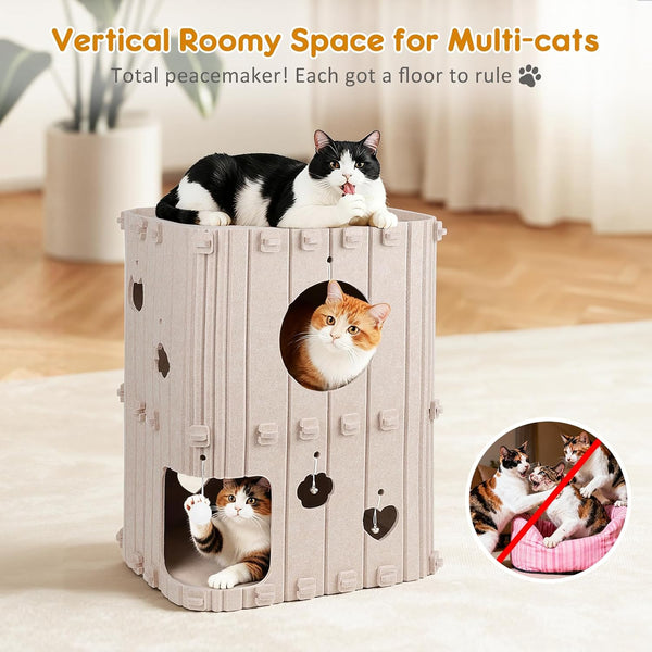 Cat House for Indoor Cats - 2-Story Enclosed Cat Bed Cave for Multiple & Large Cats, Felt Covered Pet Hideaway Tunnel Condo House, Kitty Hut Hideout Cube, Scratch Resistant, Beige2